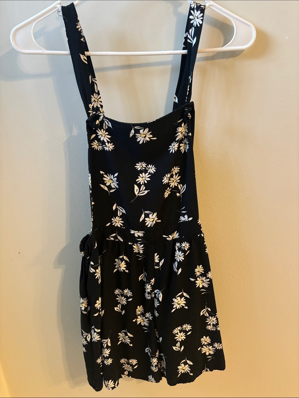 art class Black Floral Pinafore Romper with White & Yellow Daisies